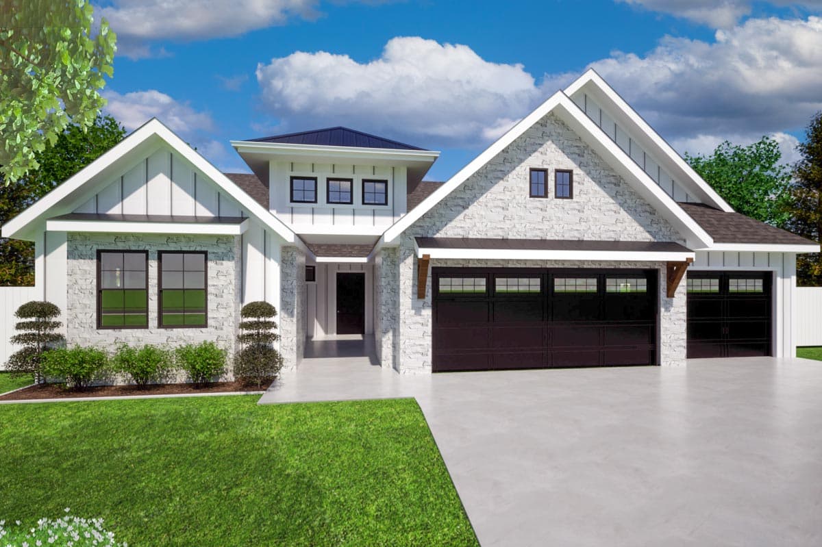 House plan exterior with board and batten siding, multiple gables, and a two-car garage. Features stone veneer accents and dark-framed windows.
