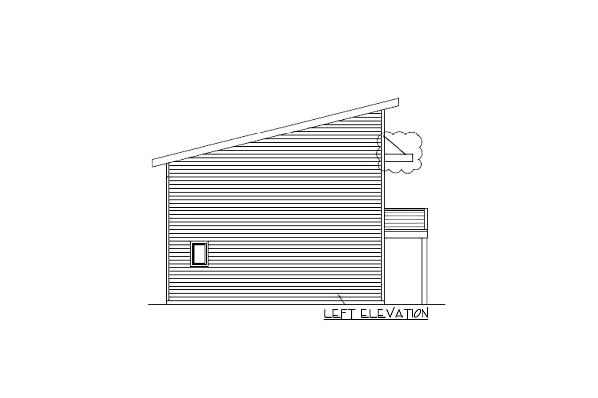 Left elevation drawing of a house with horizontal siding, a single window, and a sloped roof. A deck is visible.