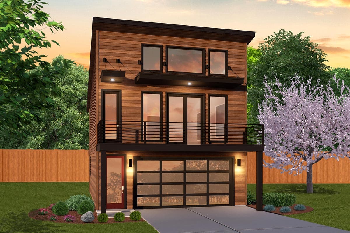 House plan exterior. Two-story modern style with horizontal wood siding. Features include a cantilevered balcony, glass garage door, and flat roof.