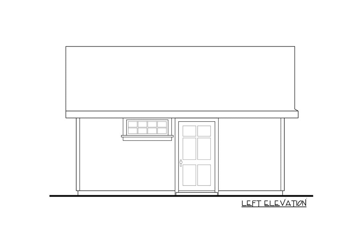 Left elevation drawing of a house plan showing a single door and a multi-pane window under a large rectangular roof.