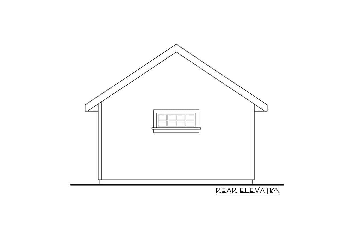 Rear elevation drawing of a house plan with a gabled roof and a single window.