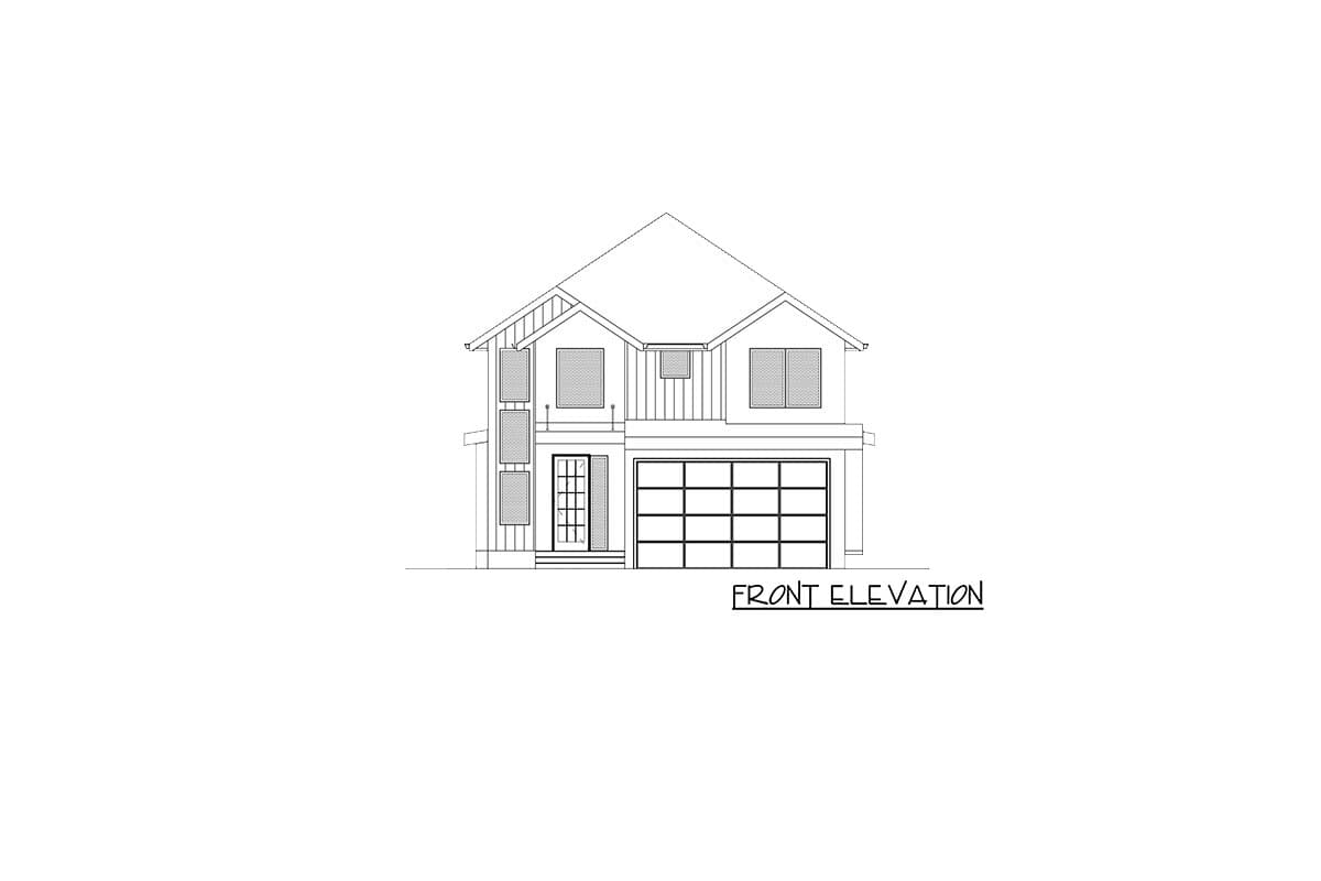 Front elevation drawing of a two-story house plan with a garage, covered entry, and gabled roof.