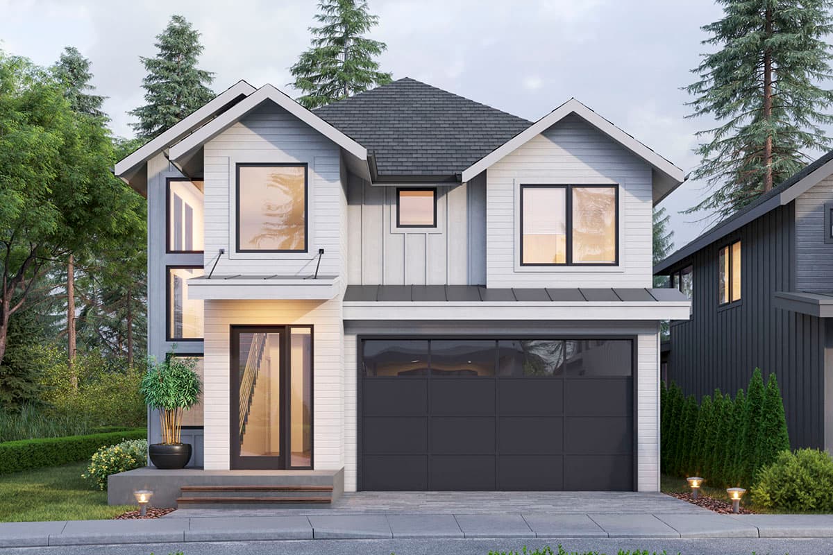 House plan exterior. Modern Farmhouse style, two-story house with gabled roof, board-and-batten siding, and attached garage.