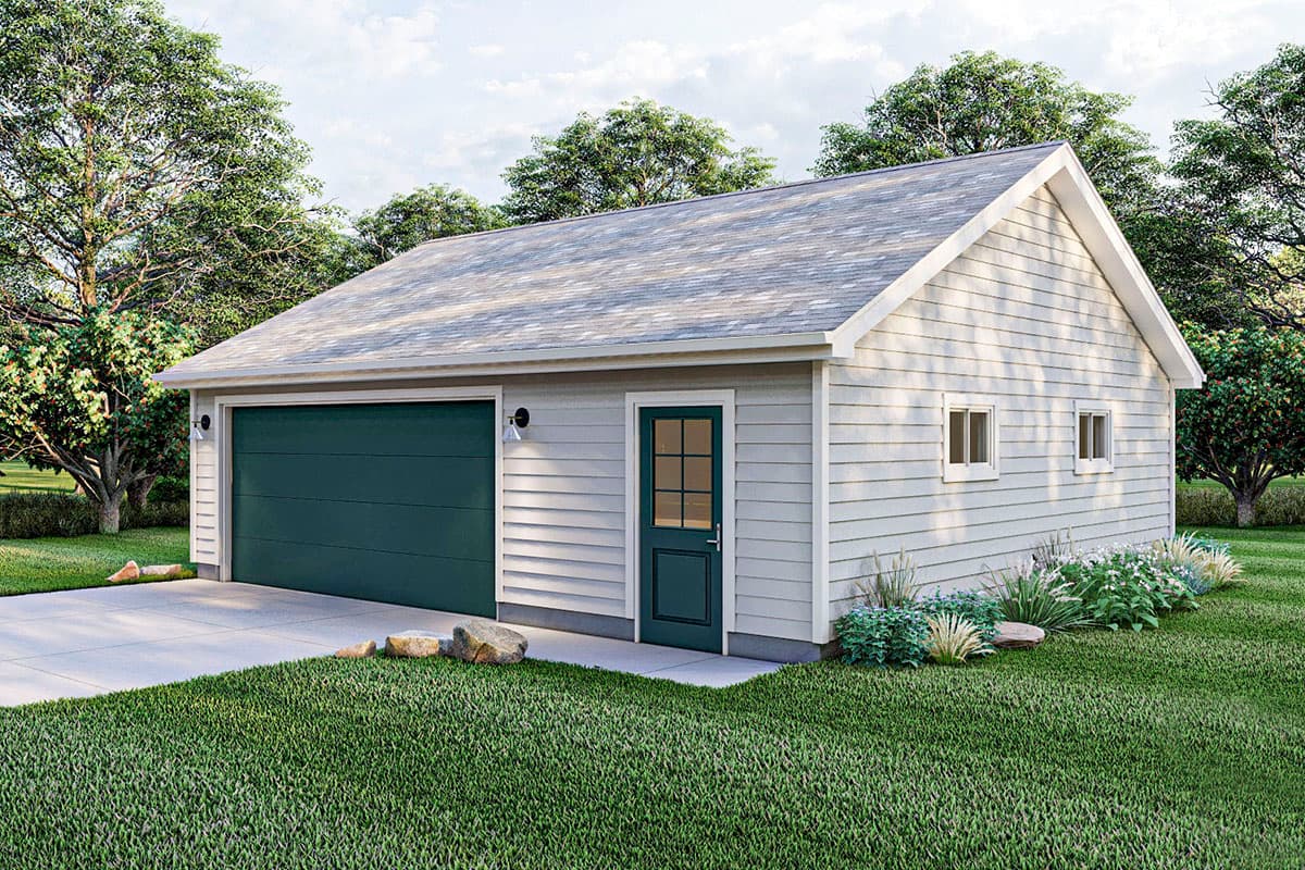 Garage plan exterior featuring a single garage door, a pedestrian door, and two windows with horizontal siding.