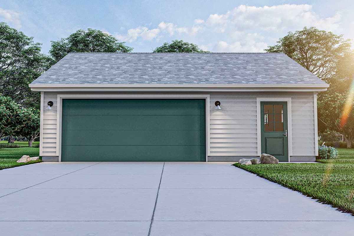House plan exterior with gable roof, single-car garage, and a side entry door. Features include vertical siding and exterior lighting.