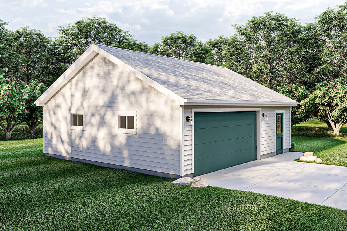House plan exterior of a one-story Modern Farmhouse style garage with a side-facing garage door and gable roof.