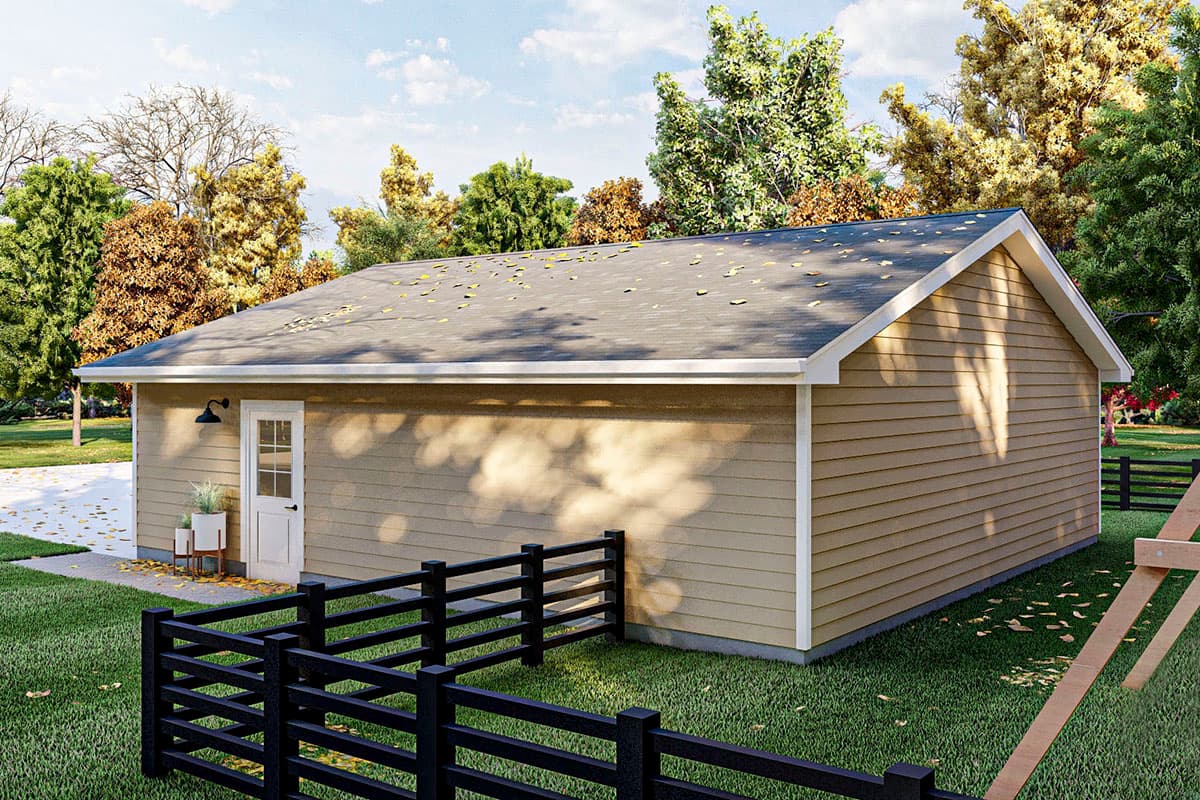 House plan exterior: single-story building with horizontal siding, gable roof, and a single door with a window.
