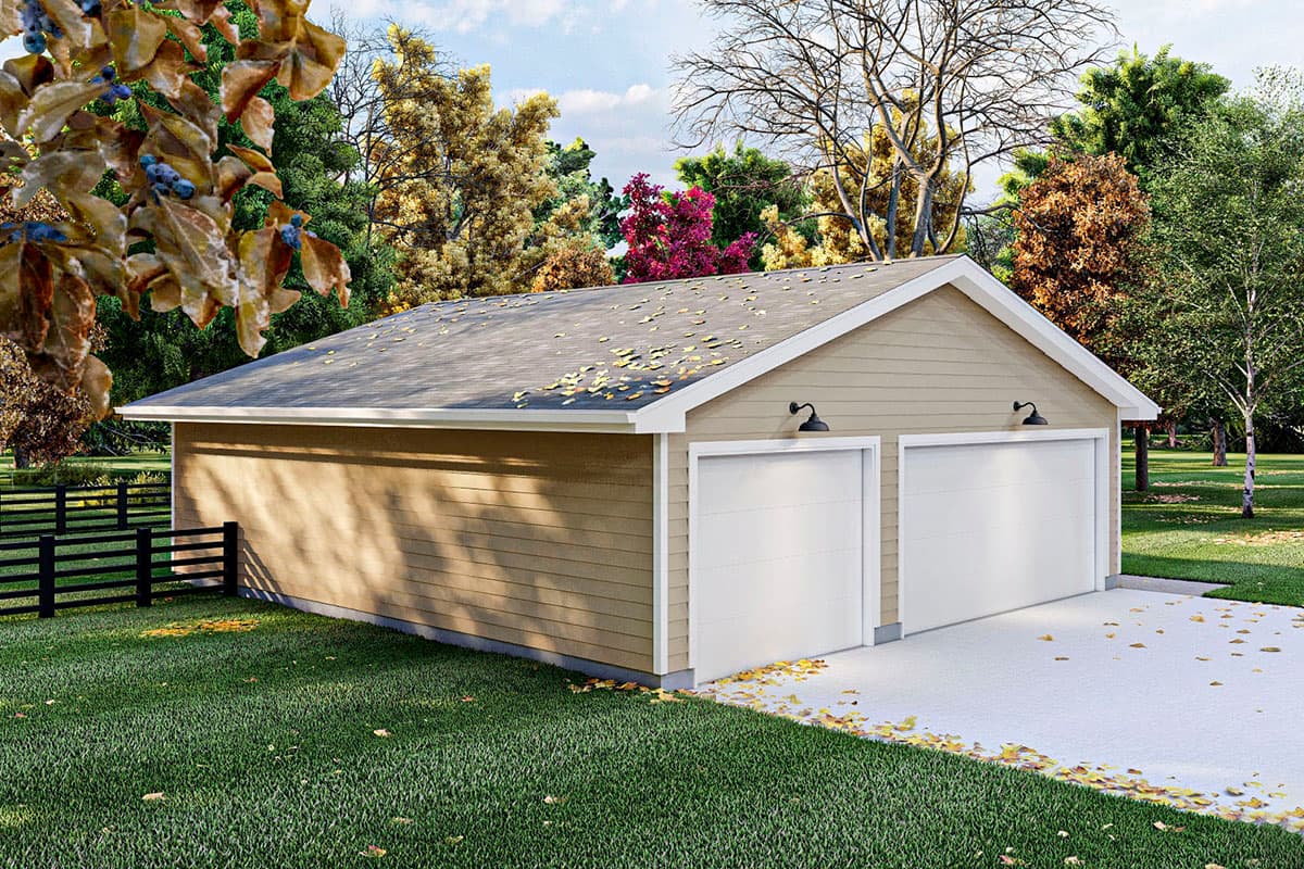 House plan exterior. Two-car garage with gabled roof, horizontal siding, and two overhead garage doors. Features two wall-mounted light fixtures.