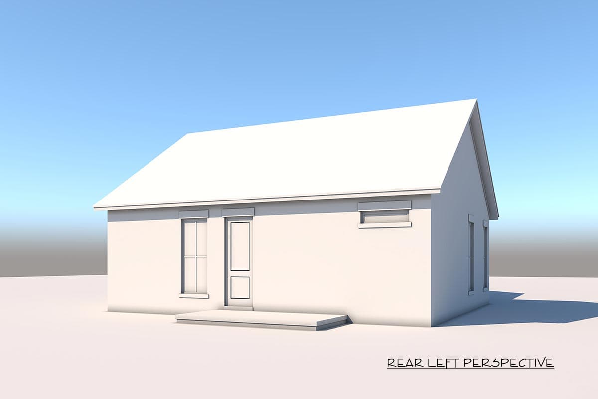House plan exterior: one-story building with a gable roof, centered door, and three windows on the visible side.