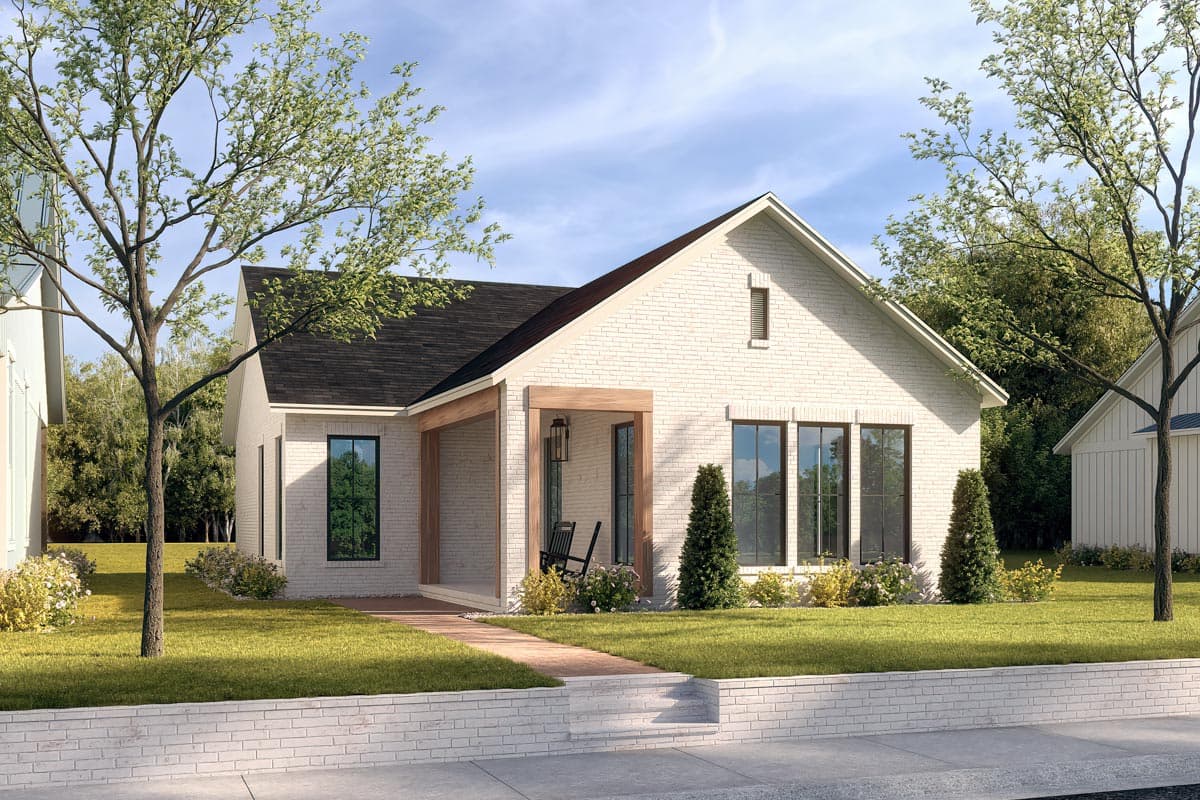 House plan exterior view of a one-story brick house. Features include a covered porch with exposed beams, gable roof, and multiple windows.