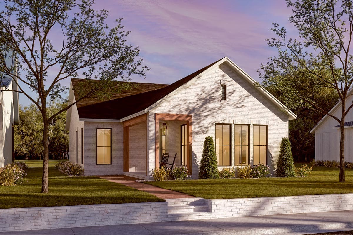 House plan exterior: Modern Farmhouse style, one story, white brick, gabled roof, covered entry with wood beams, large windows.
