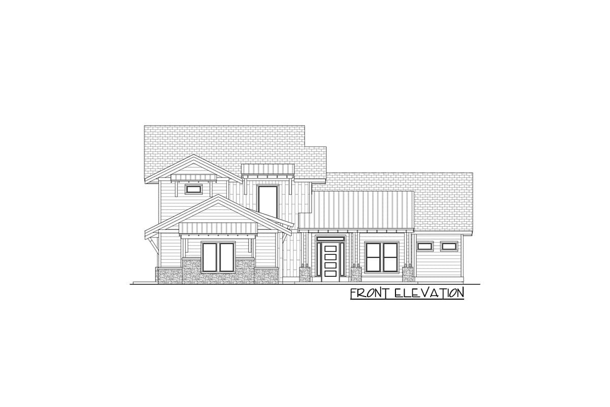 Front elevation drawing of a two-story house with multiple gables, stone accents, and a covered entry.