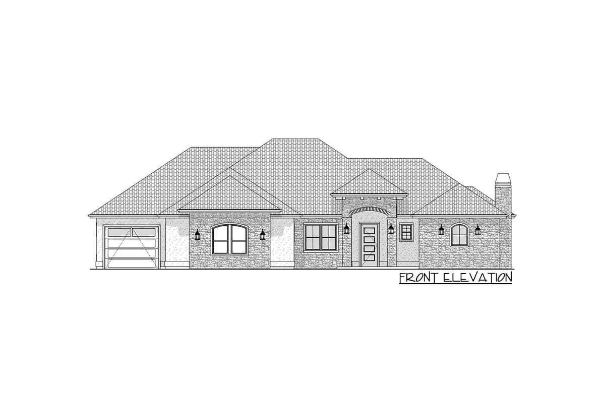 Front elevation drawing of a one-story house with a side-entry garage, arched windows, and a prominent gabled entry.