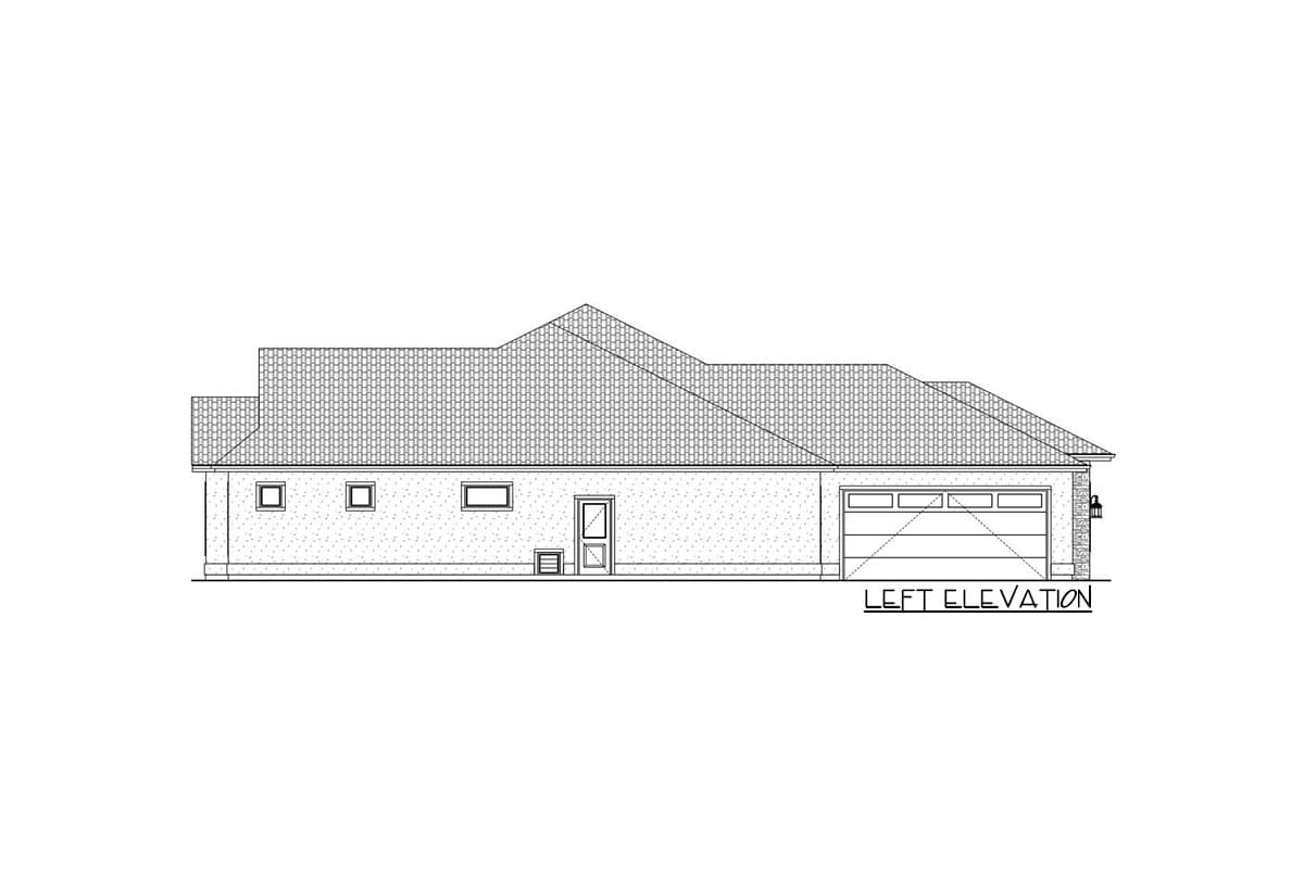 Left elevation drawing of a single-story house plan with a gable roof, three windows, a door, and an attached garage.