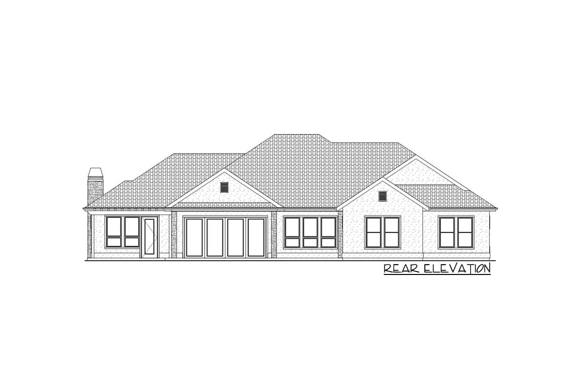 Rear elevation house plan showing a single-story home with a prominent gable, multiple window groupings, and a chimney.