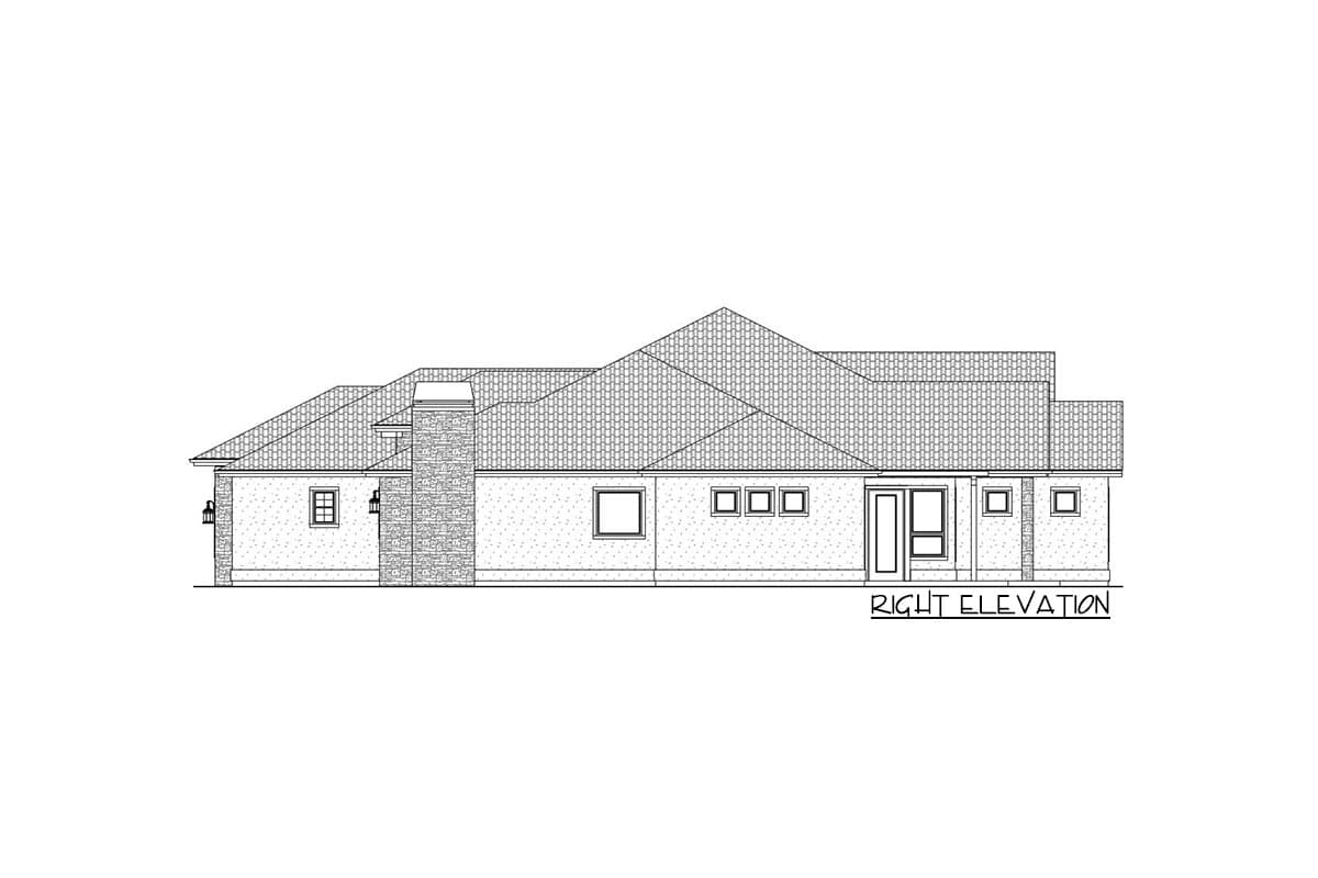 Right elevation drawing of a single-story house plan with a prominent stone chimney, multiple windows, and a hip roof.