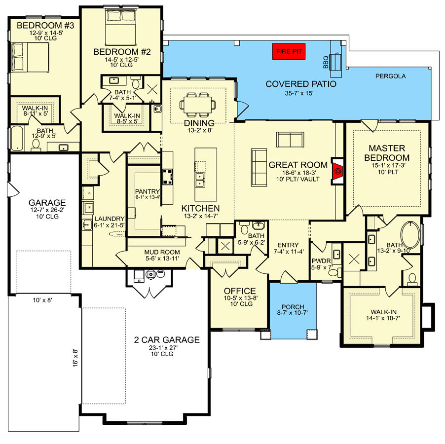 Plan 580006DFT: Tuscan Prairie Home Plan with Large Service Areas - Floor Plan - Main Level - Florida-Style, Prairie, Ranch, Tuscan
