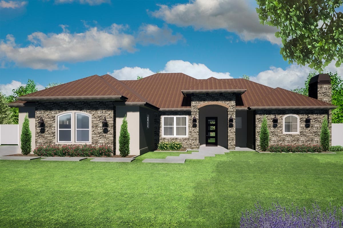 House plan exterior. Single-story home with stone facade, arched entryway, and multi-gabled roof. Includes a chimney and garage.