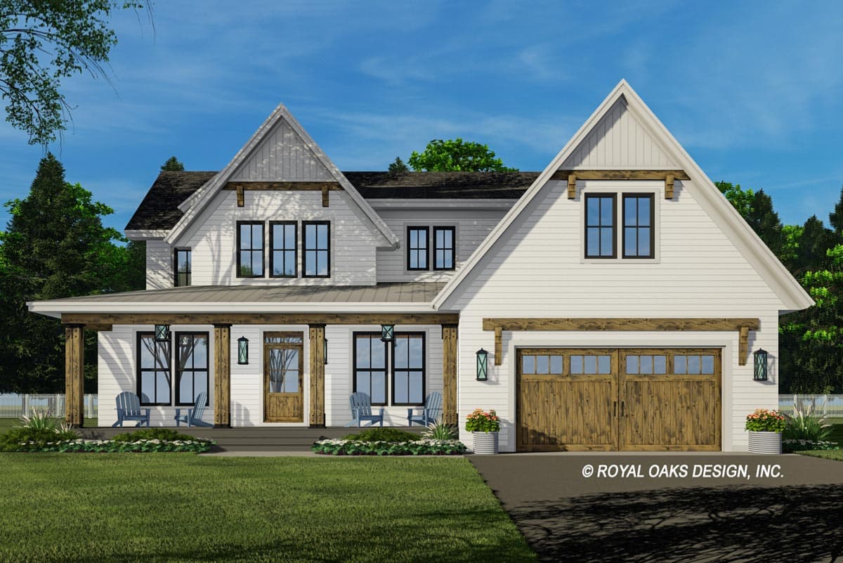 Modern Farmhouse house plan exterior with a covered porch, gables, dormers, and a two-car garage.