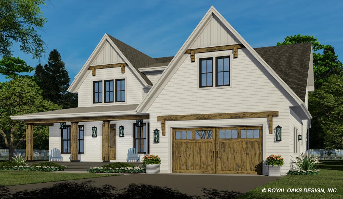 House plan exterior: Modern Farmhouse style, two stories, with a gabled roof, wide porch, and double garage door.