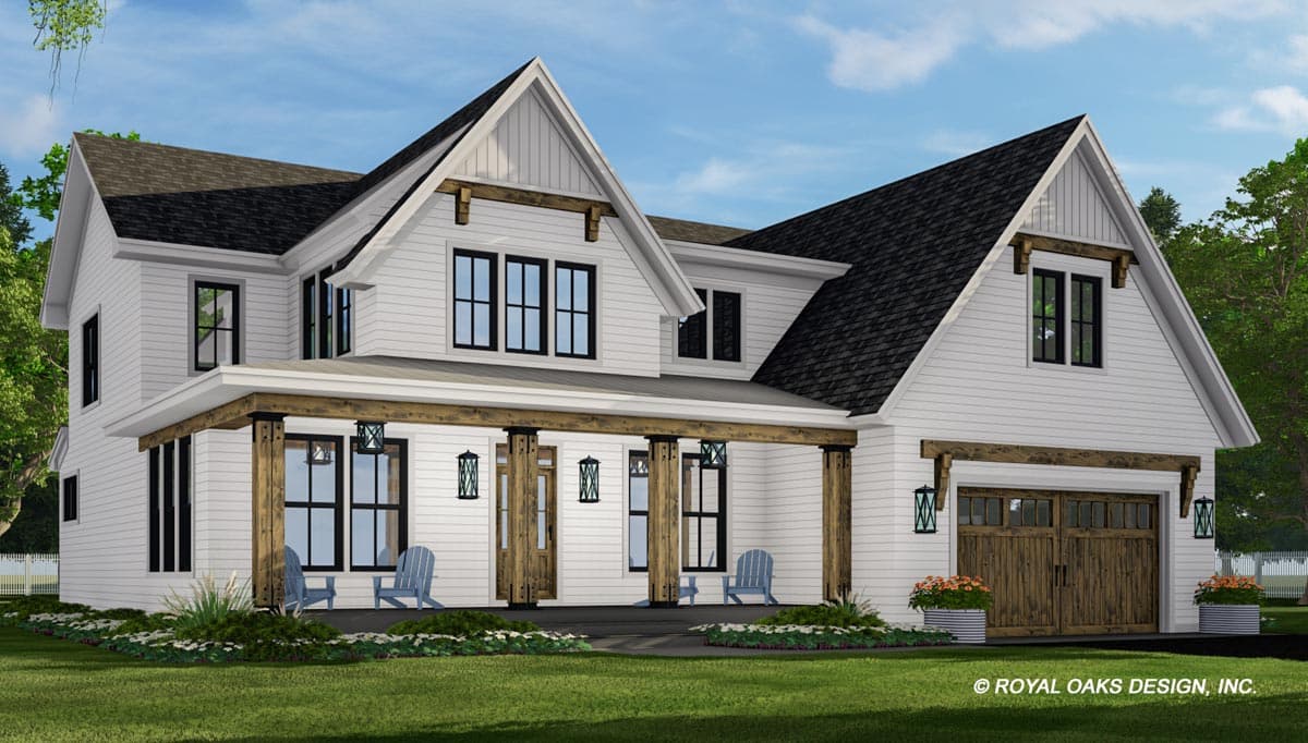 Modern Farmhouse house plan exterior with a wraparound porch, board and batten siding, gabled dormers, and a two-car garage.
