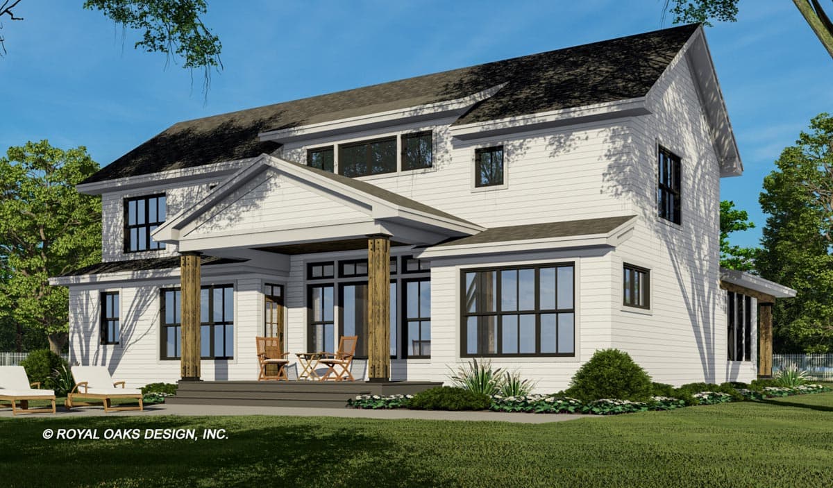 House plan exterior: Two-story Modern Farmhouse with a covered front porch, wooden columns, gable roof, and dark-framed windows.