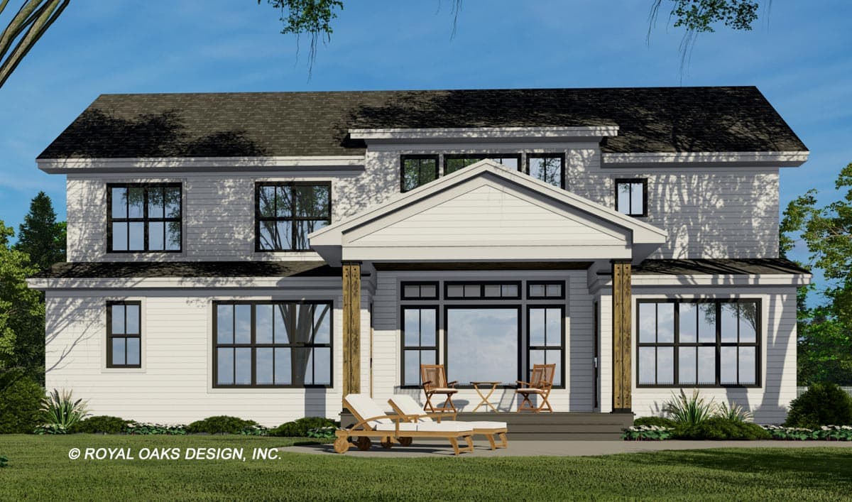House plan exterior: Two-story Modern Farmhouse with gable roof, prominent gabled entry porch, and large windows.