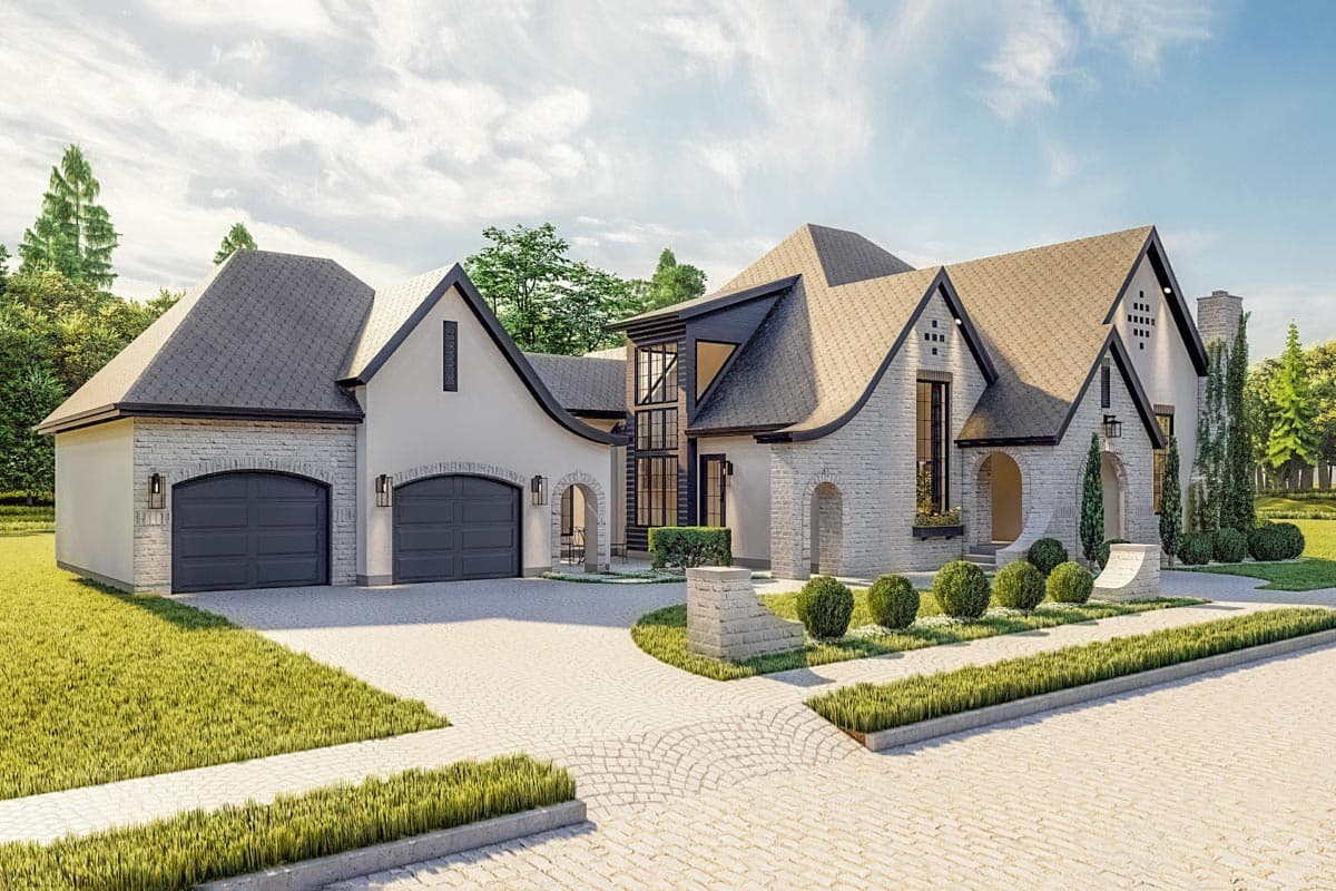 House plan exterior with two-car garage, arched entrances, mansard rooflines, and white brick facade.
