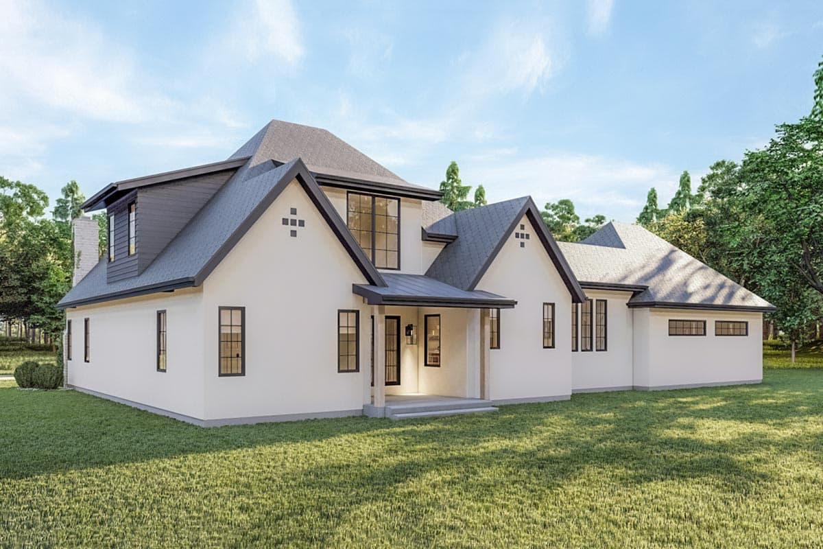 House plan exterior rendering shows a two-story modern farmhouse with a prominent gable, dormer, and covered entry.