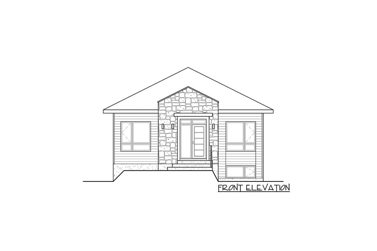 Front elevation drawing of a 1-story house plan with a stone-clad entrance, multi-panel door, and symmetrical windows.