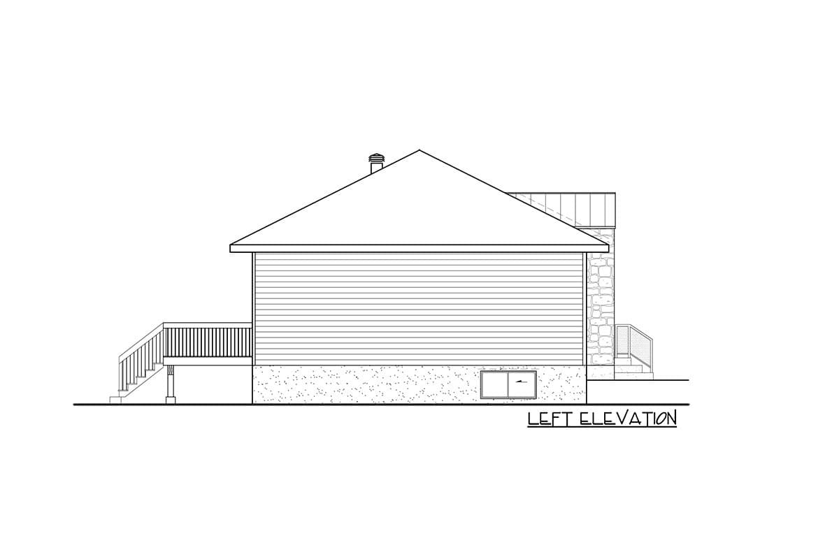 Left elevation drawing of a house with horizontal siding, a deck, a stone foundation accent, and a pitched roof.