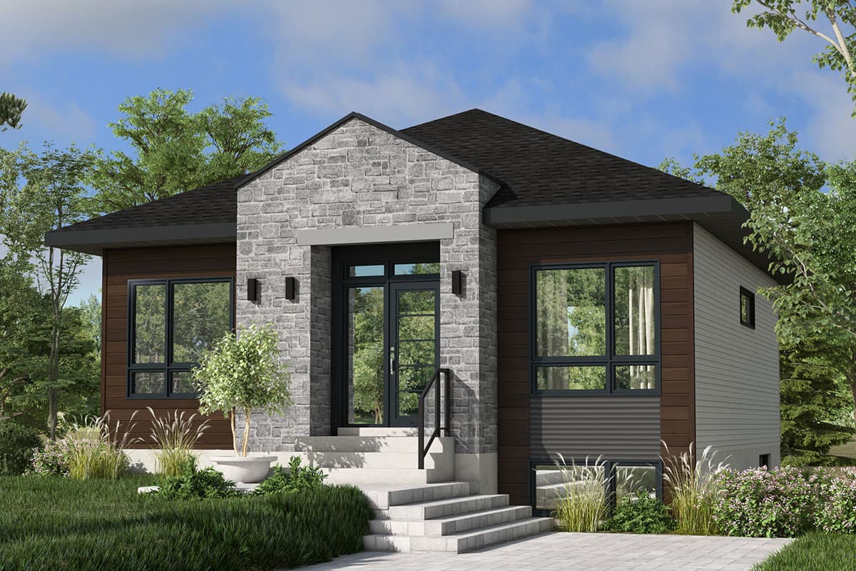 House plan exterior. Modern style with stone facade and dark trim. Features include a low-slope roof, large windows, and a raised entry with steps.