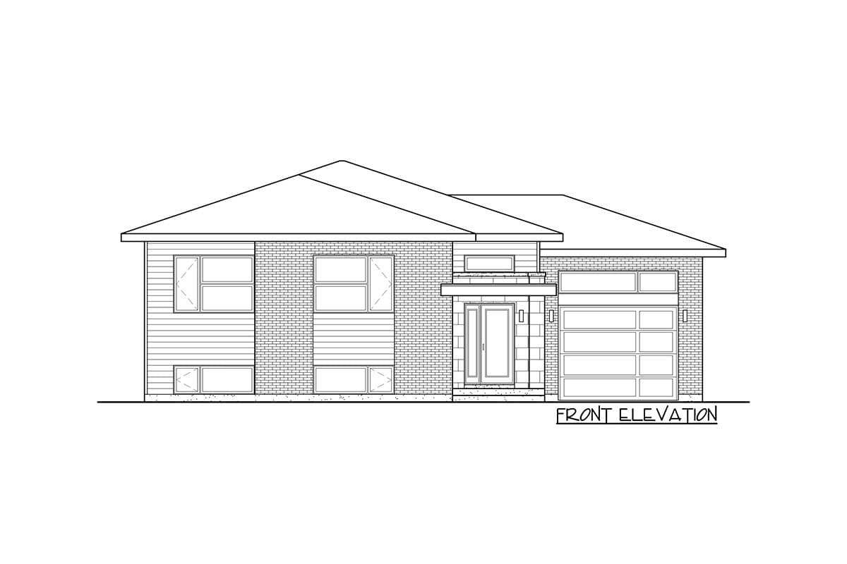 Front elevation drawing of a one-story house with a prominent roofline, large windows, and attached garage.