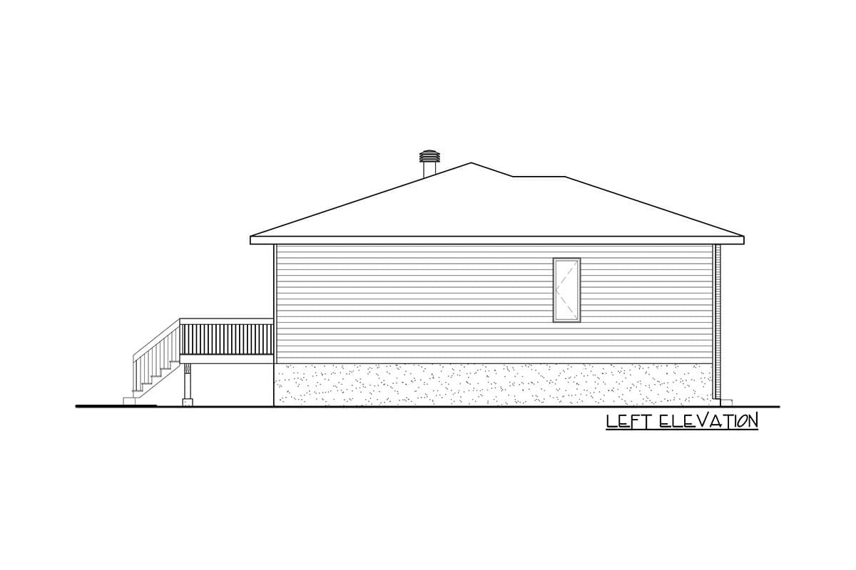 Left elevation drawing of a single-story house with horizontal siding, a stepped foundation, and a deck with stairs.