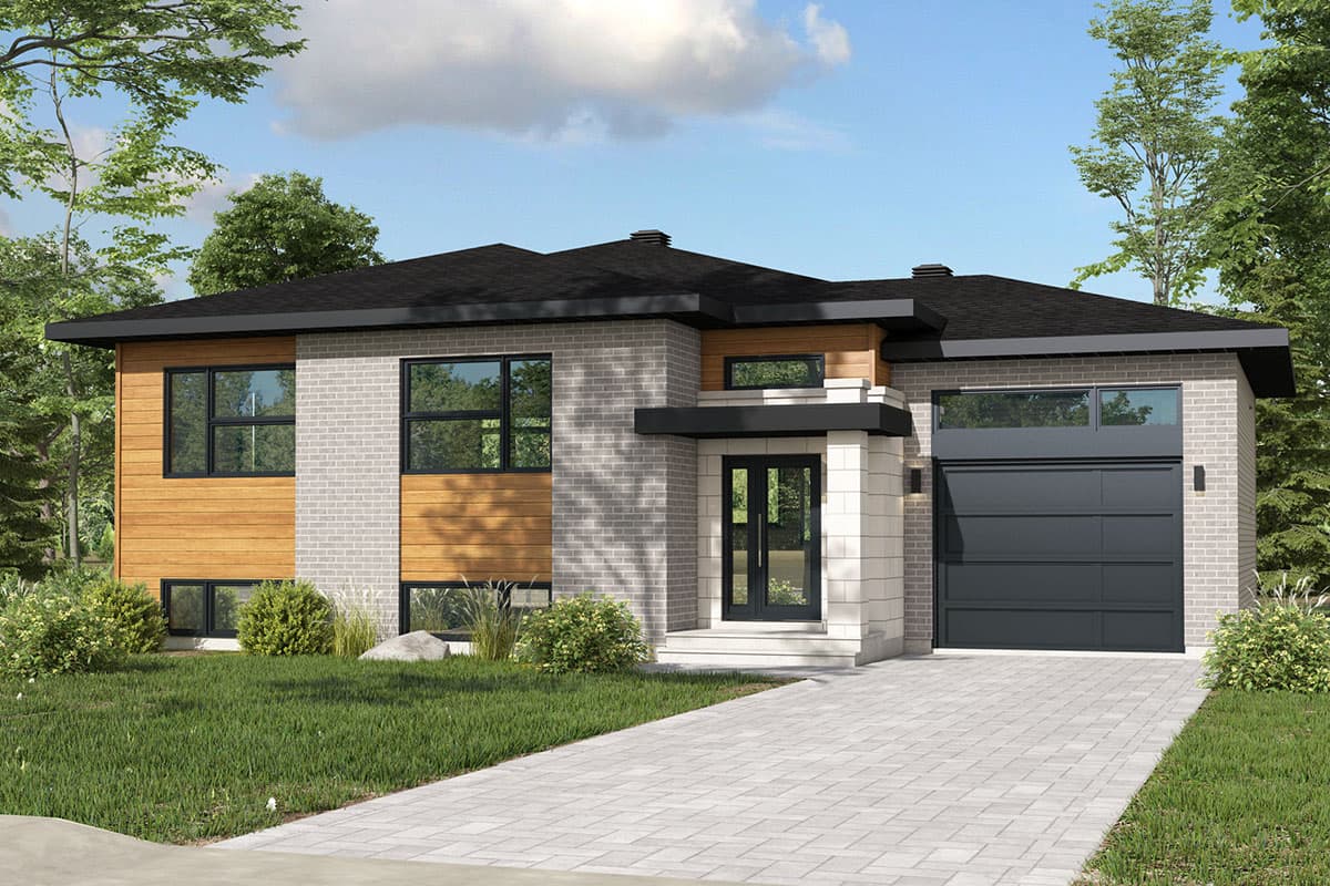 House plan exterior. Modern style, one-story. Features include flat roof, brick and wood siding, covered entry, and attached garage.