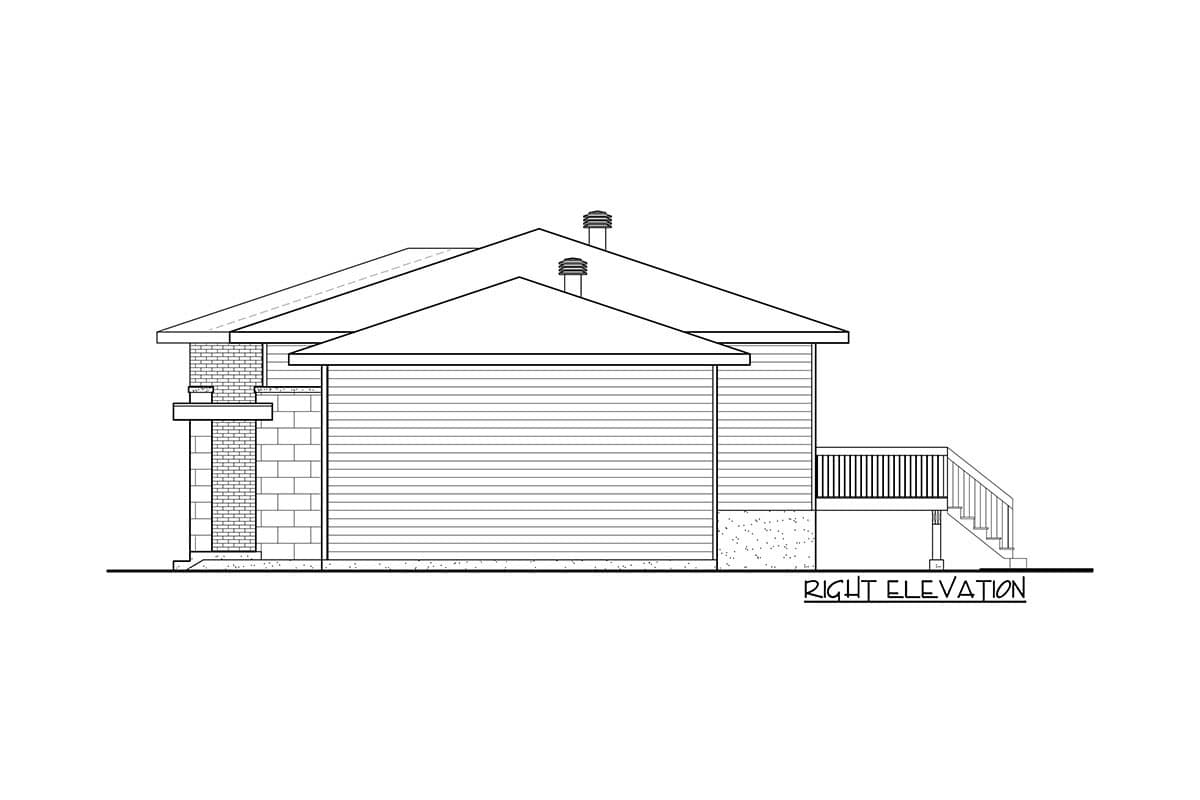 Right elevation drawing of a house plan showing a brick chimney, horizontal siding, and a deck with stairs.