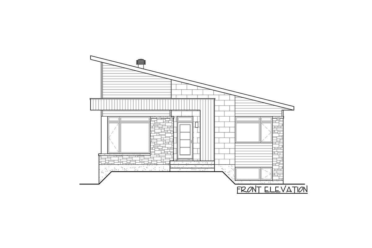 Front elevation drawing of a modern house with a shed roof, stone and horizontal siding, and large windows.