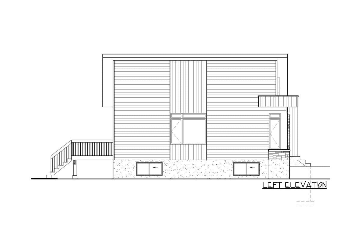 Left elevation of house plan showing a modern design with a deck, varied siding, and a second-story balcony.