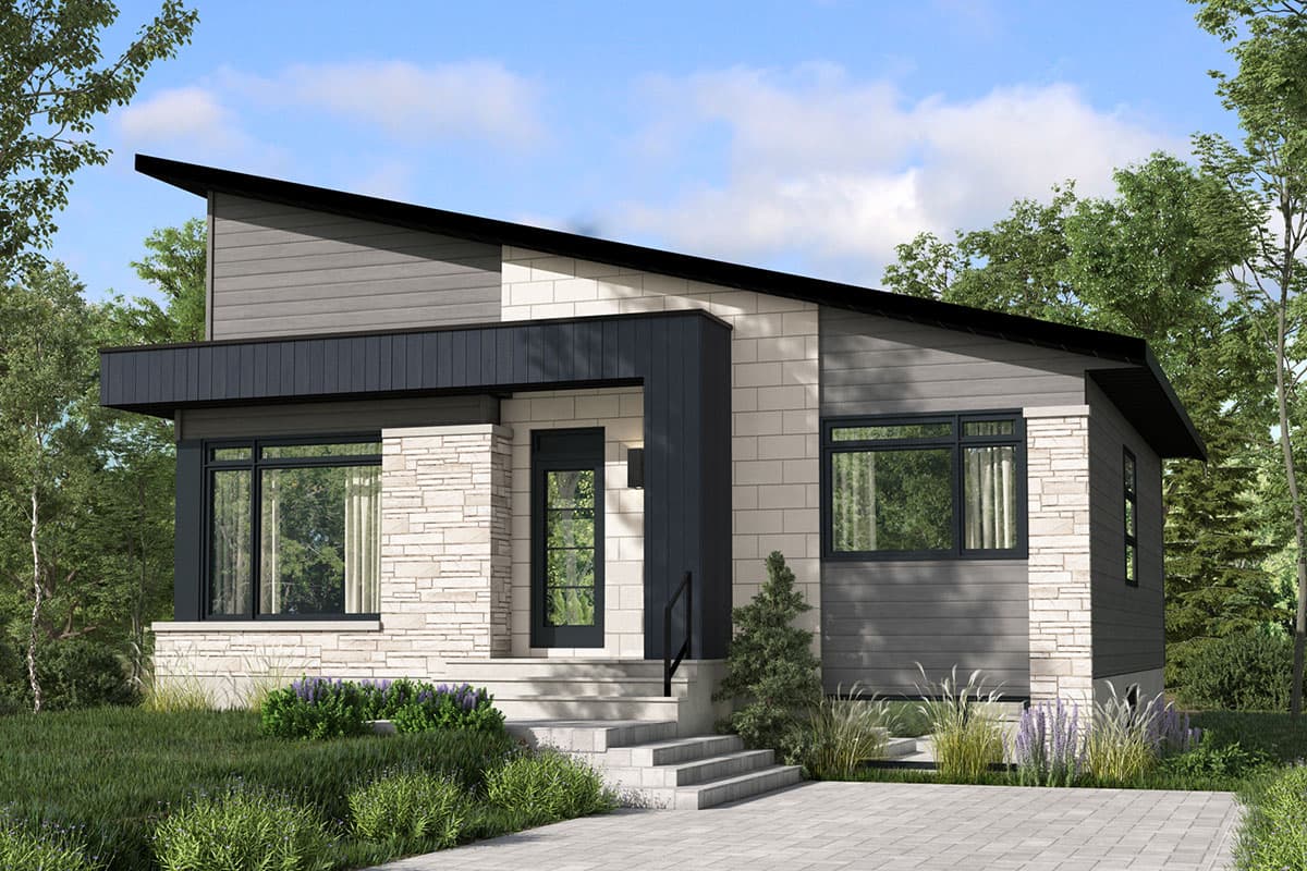 House plan exterior. Modern style, single-story home with a flat roof, stone facade accents, and large windows.