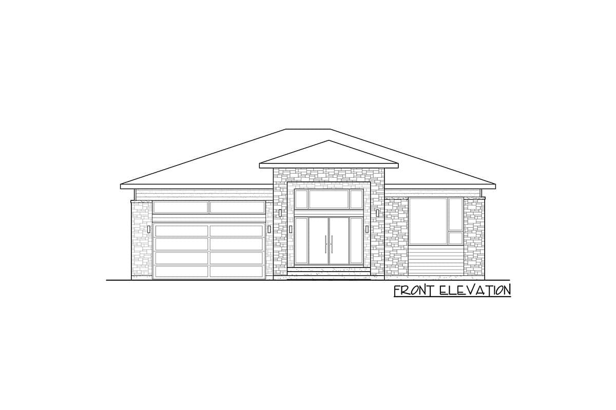 Front elevation drawing of a single-story house with a prominent entrance, stone accents, and a two-car garage.