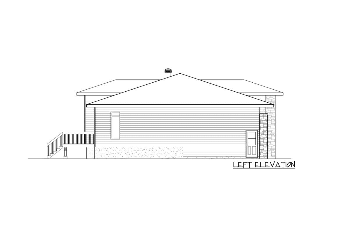 Left elevation drawing of a house plan showing siding, a deck with stairs, a door, and a single window.