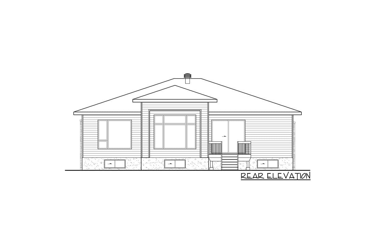 Rear elevation house plan drawing of a single-story home with horizontal siding, a gable roof, and a central bay window.