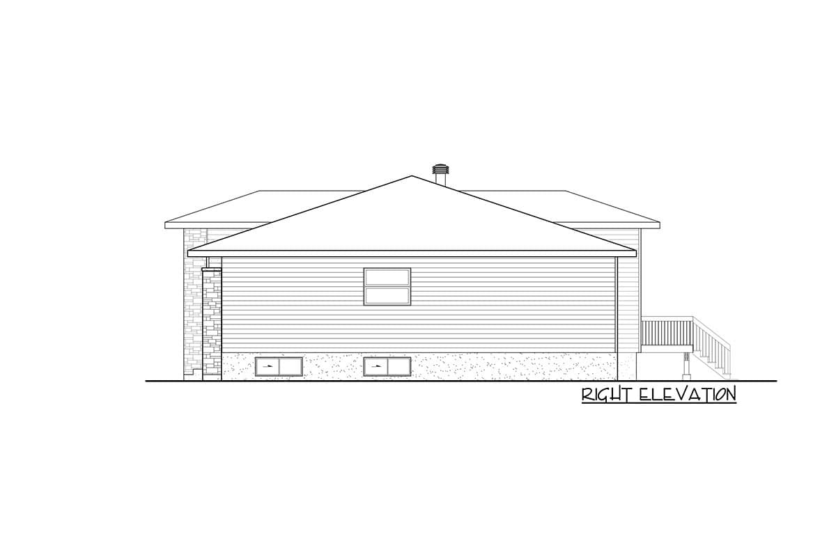 Right elevation house plan drawing showing vinyl siding, brick accents, a gable roof, and a deck.