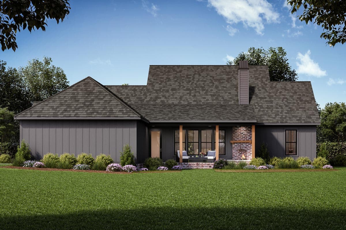 House plan exterior: Modern Ranch, single-story, with a covered porch, brick chimney, and mixed siding.