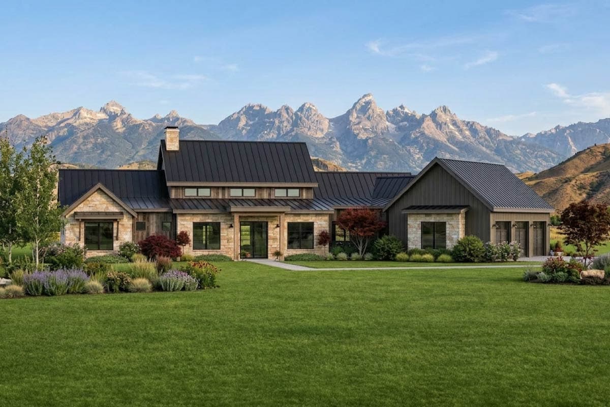 Modern Farmhouse house plan exterior with stone and wood siding, dark metal roof, multiple gables, and attached three-car garage.