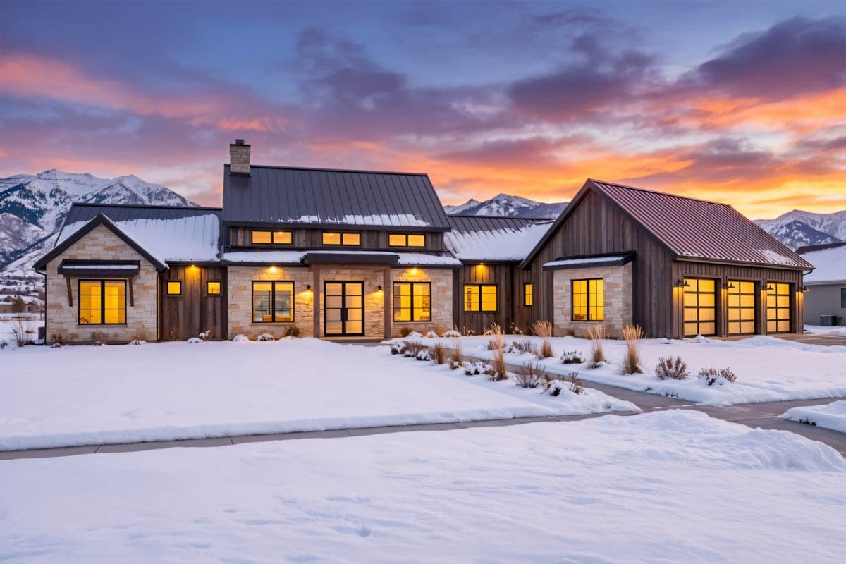 A modern, snow-covered house with a gray roof and lit windows at sunset. Mountains and a colorful sky are in the background.