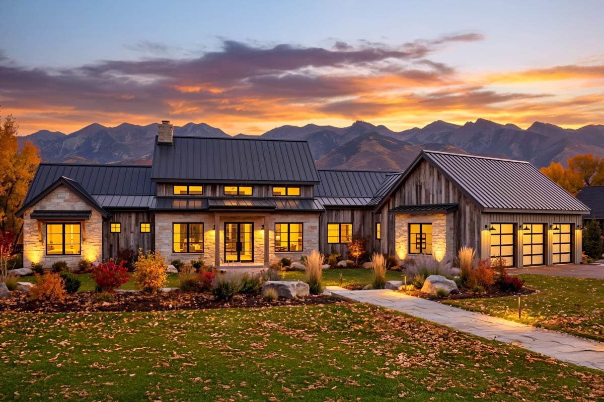 A large modern home with stone and wood siding glows with interior lights at dusk. Mountains are silhouetted in the colorful sunset sky behind it.