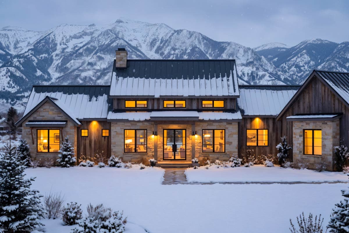 A stone and wood home sits at dusk with snow-covered mountains in the background. Lit windows glow, offering warmth against the winter chill.