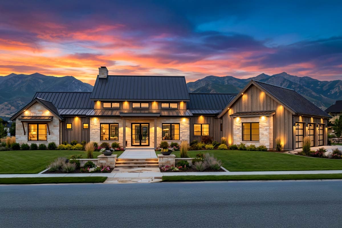 Luxury home at dusk, featuring stone and wood siding, a dark metal roof, and lighted windows, with mountains in the background under a colorful sky.