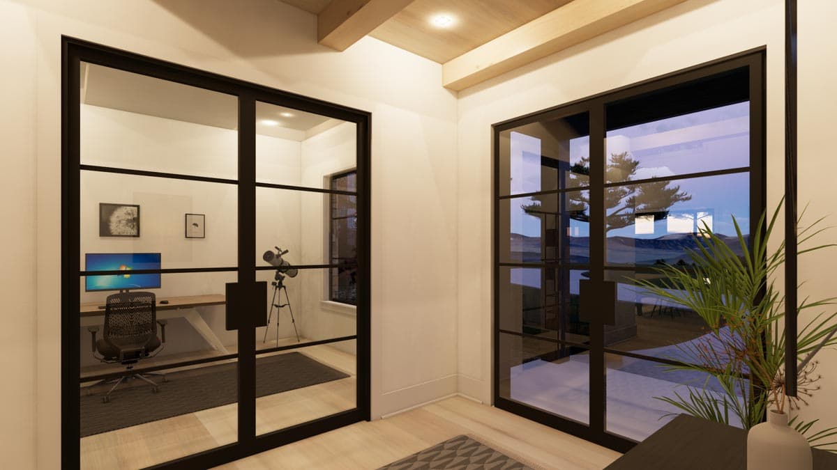 Modern interior featuring two black-framed glass doors. The left door reveals a home office, while the right door shows an outdoor scene reflected.